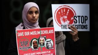 Women protest outside the Saudi consulate in New York on 1 June 2019 to protest against the trials of three clerics in Saudi Arabia