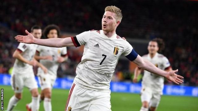 Kevin de Bruyne celebrates scoring for Belgium